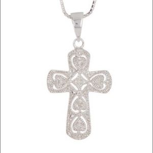 Savvy Cie Silver Filigree & Diamond Cross Necklace